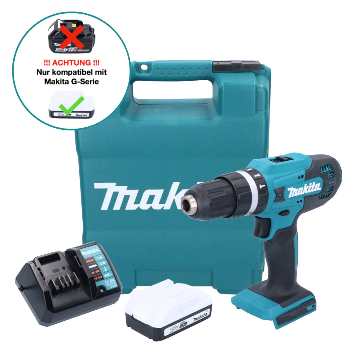 Makita HP 488 DWY1K perceuse à percussion sans fil 18 V 42 Nm série G + 1x batterie 1,5 Ah + chargeur + mallette