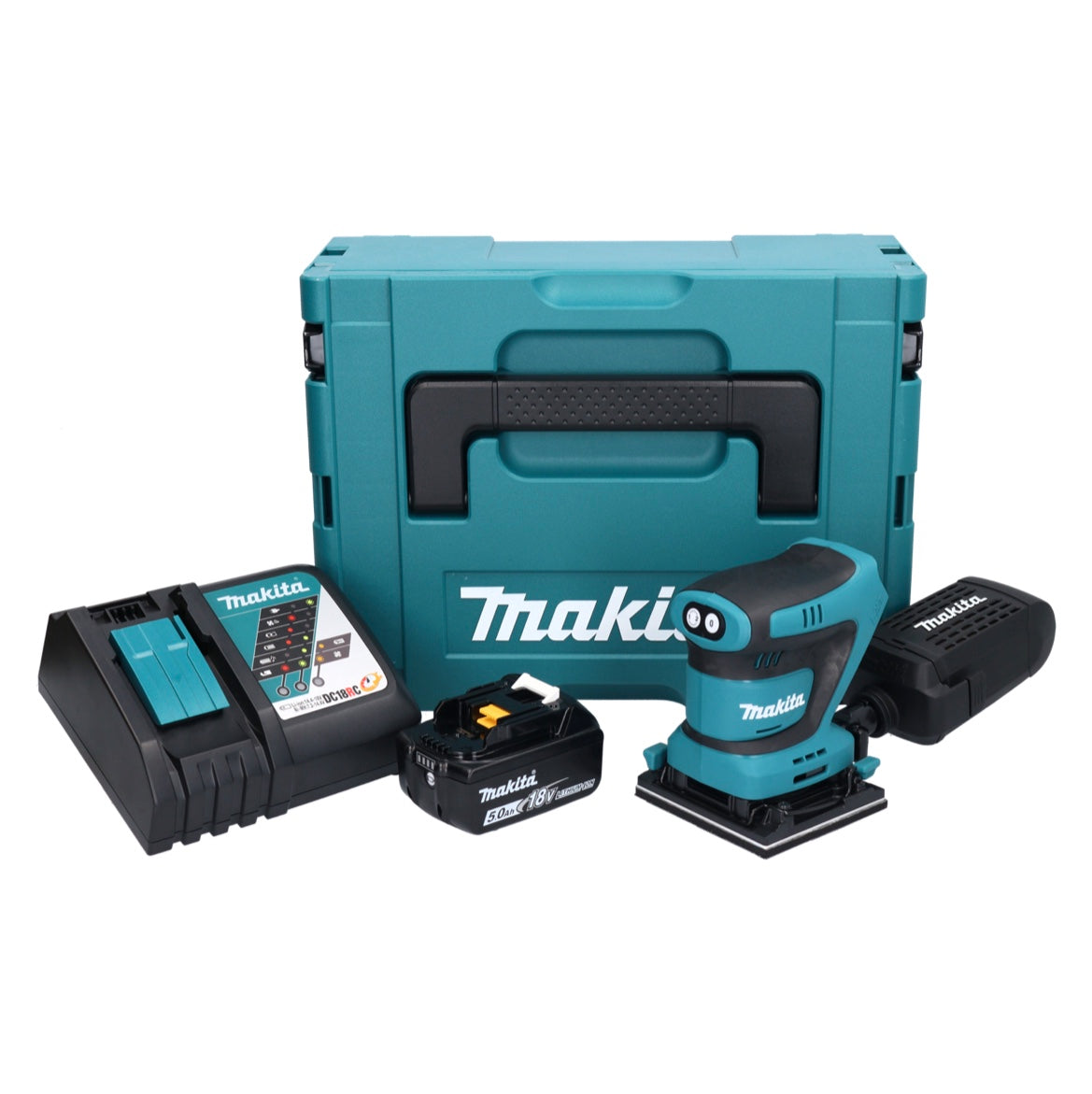 Makita DBO 480 RT1J Akku Schwingschleifer 18 V 112 x 102 mm + 1x Akku 5,0 Ah + Ladegerät + Makpac