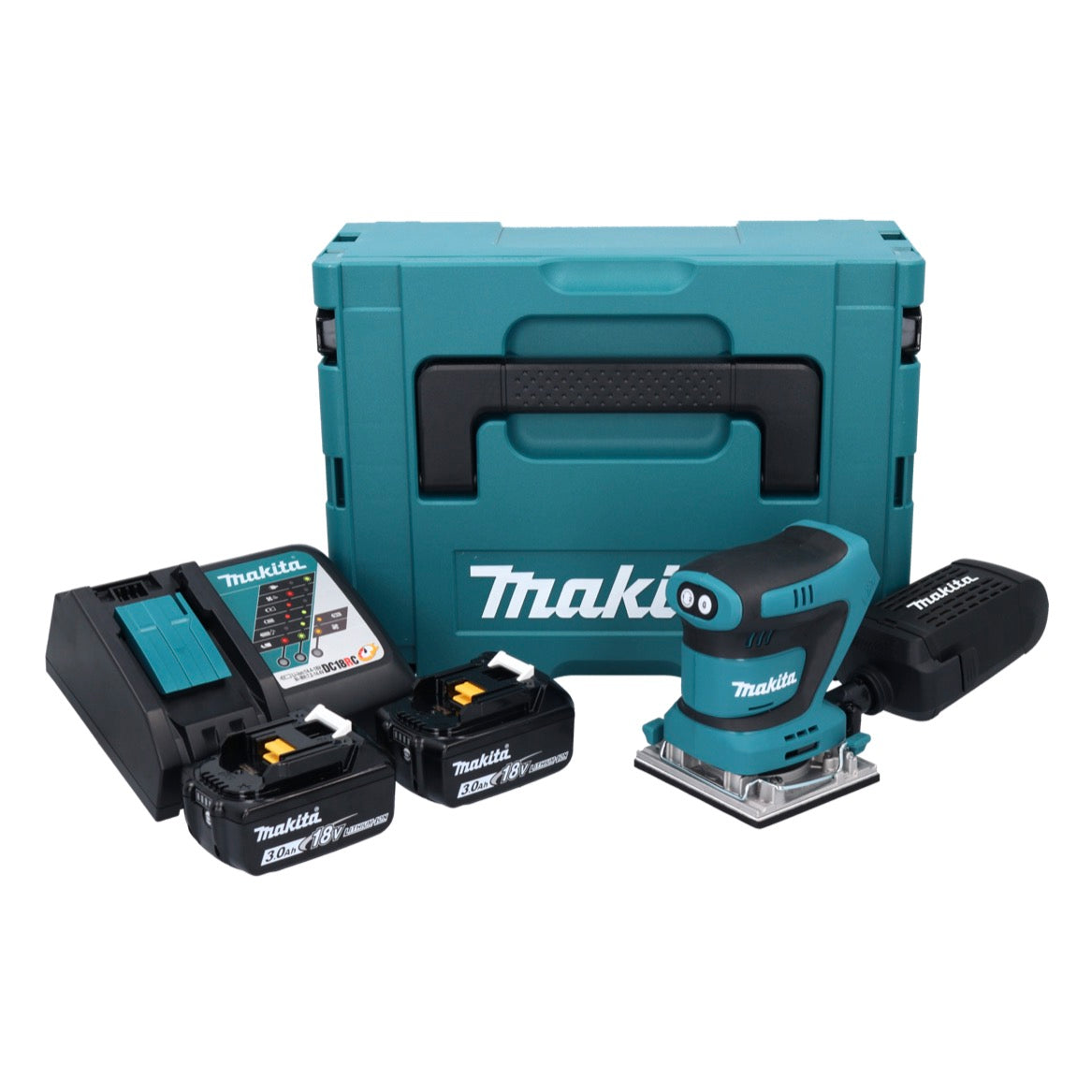 Makita DBO 482 RFJ Akku Schwingschleifer 18 V 112 x 102 mm + 2x Akku 3,0 Ah + Ladegerät + Makpac