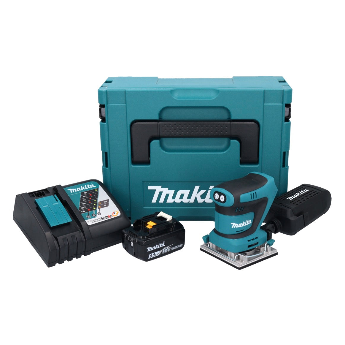 Makita DBO 482 RG1J Akku Schwingschleifer 18 V 112 x 102 mm + 1x Akku 6,0 Ah + Ladegerät + Makpac