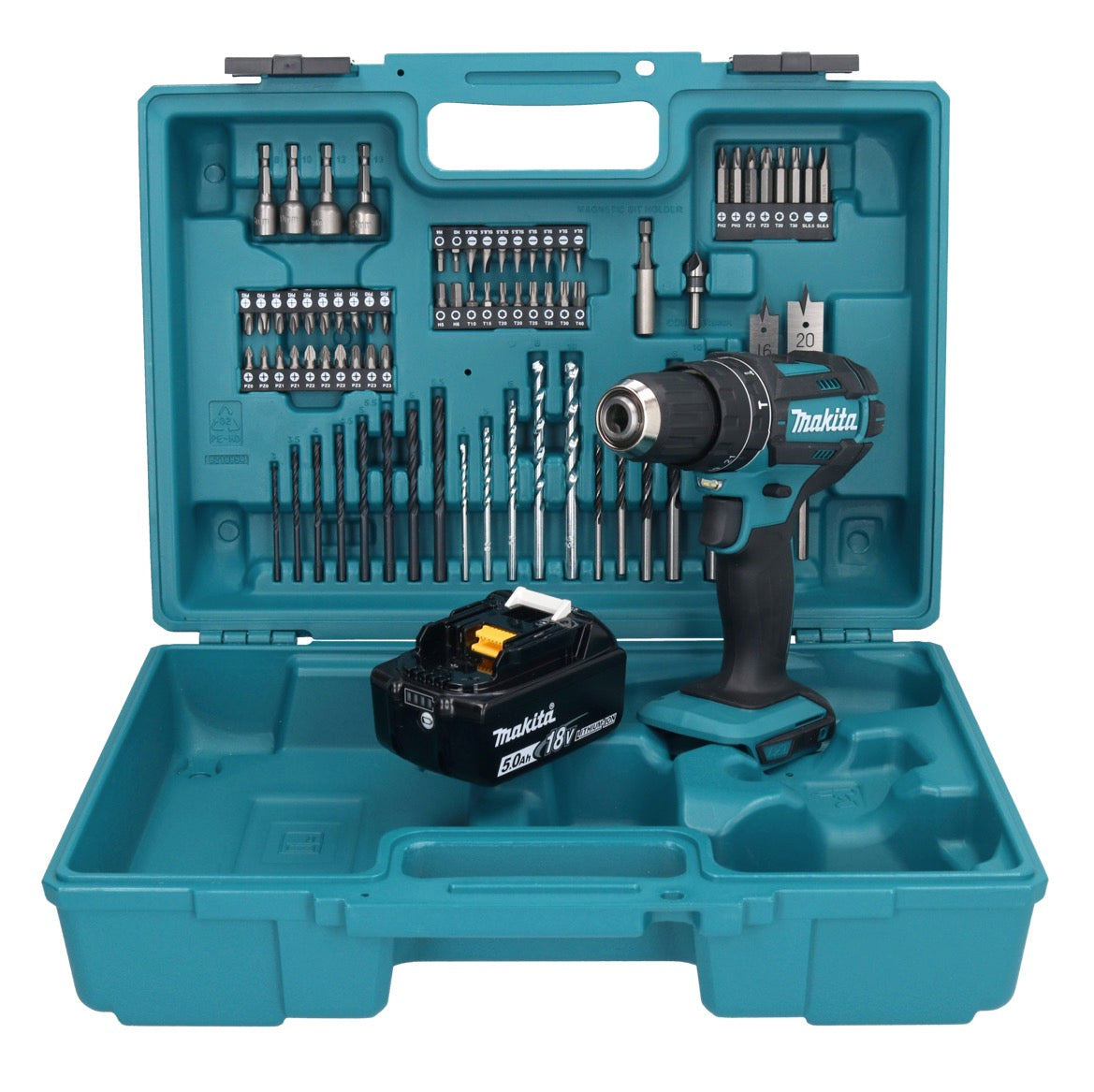 Makita DHP 482 T1X1 perceuse à percussion sans fil 18 V + 1x batterie 5,0 Ah + jeu d'accessoires 74 pièces + mallette - sans chargeur