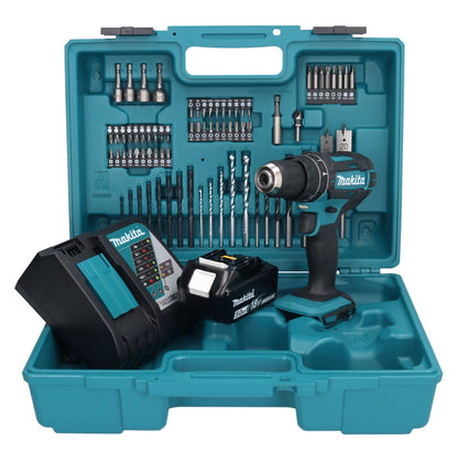 Makita DHP 482 RT1X1 perceuse à percussion sans fil 18 V + 1x batterie 5,0 Ah + chargeur + jeu d'accessoires 74 pièces + mallette