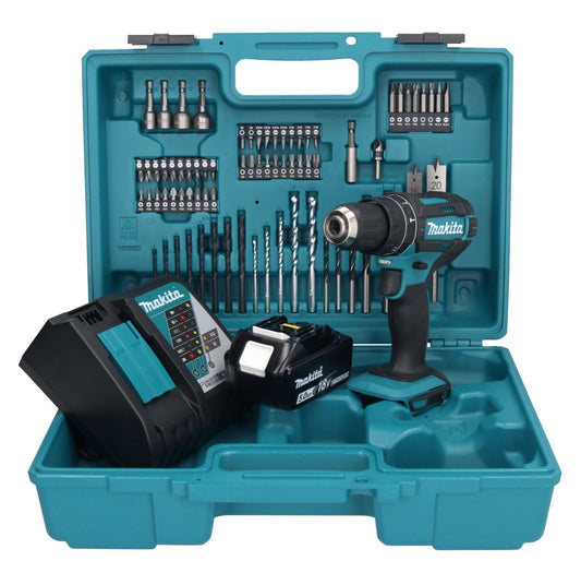 Makita DHP 482 RT1X1 perceuse à percussion sans fil 18 V + 1x batterie 5,0 Ah + chargeur + jeu d'accessoires 74 pièces + mallette