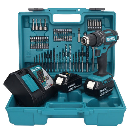 Makita DHP 482 RGX1 Akku Schlagbohrschrauber 18 V + 2x Akku 6,0 Ah + Ladegerät + 74 tlg. Zubehörset + Koffer