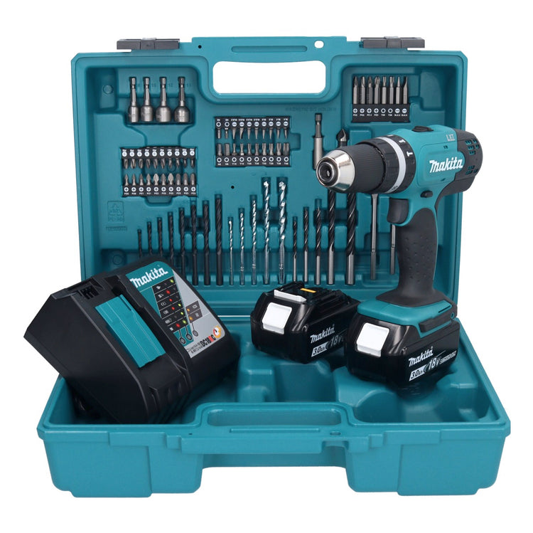 Makita DHP 453 RFX1 perceuse à percussion sans fil 18 V 42 Nm + 2 batteries 3,0 Ah + chargeur + jeu d'accessoires 74 pièces + mallette