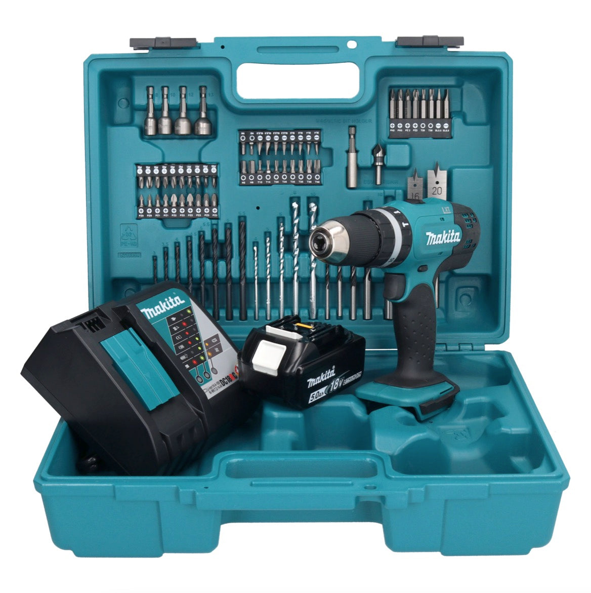 Makita DHP 453 RT1X1 perceuse à percussion sans fil 18 V 42 Nm + 1x batterie 5,0 Ah + chargeur + jeu d'accessoires 74 pièces + mallette