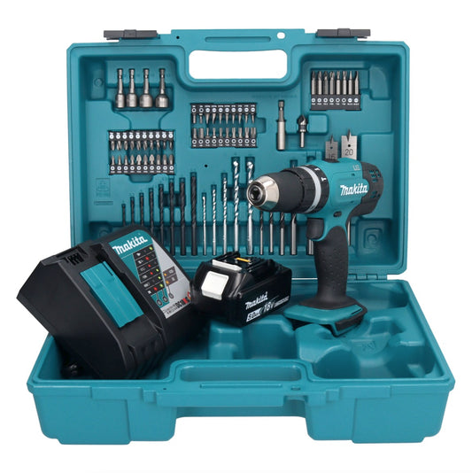 Makita DHP 453 RT1X1 Akku Schlagbohrschrauber 18 V 42 Nm + 1x Akku 5,0 Ah + Ladegerät + 74 tlg. Zubehörset + Koffer