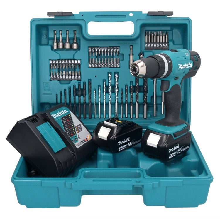 Makita DHP 453 RTX1 Akku Schlagbohrschrauber 18 V 42 Nm + 2x Akku 5,0 Ah + Ladegerät + 74 tlg. Zubehörset + Koffer