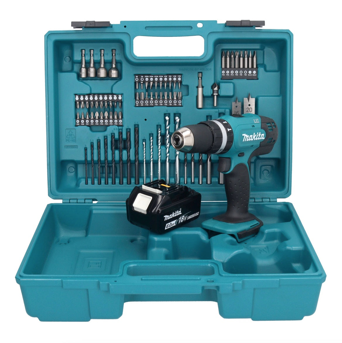 Makita DHP 453 G1X1 perceuse à percussion sans fil 18 V 42 Nm + 1x batterie 6,0 Ah + jeu d'accessoires 74 pièces + mallette - sans chargeur