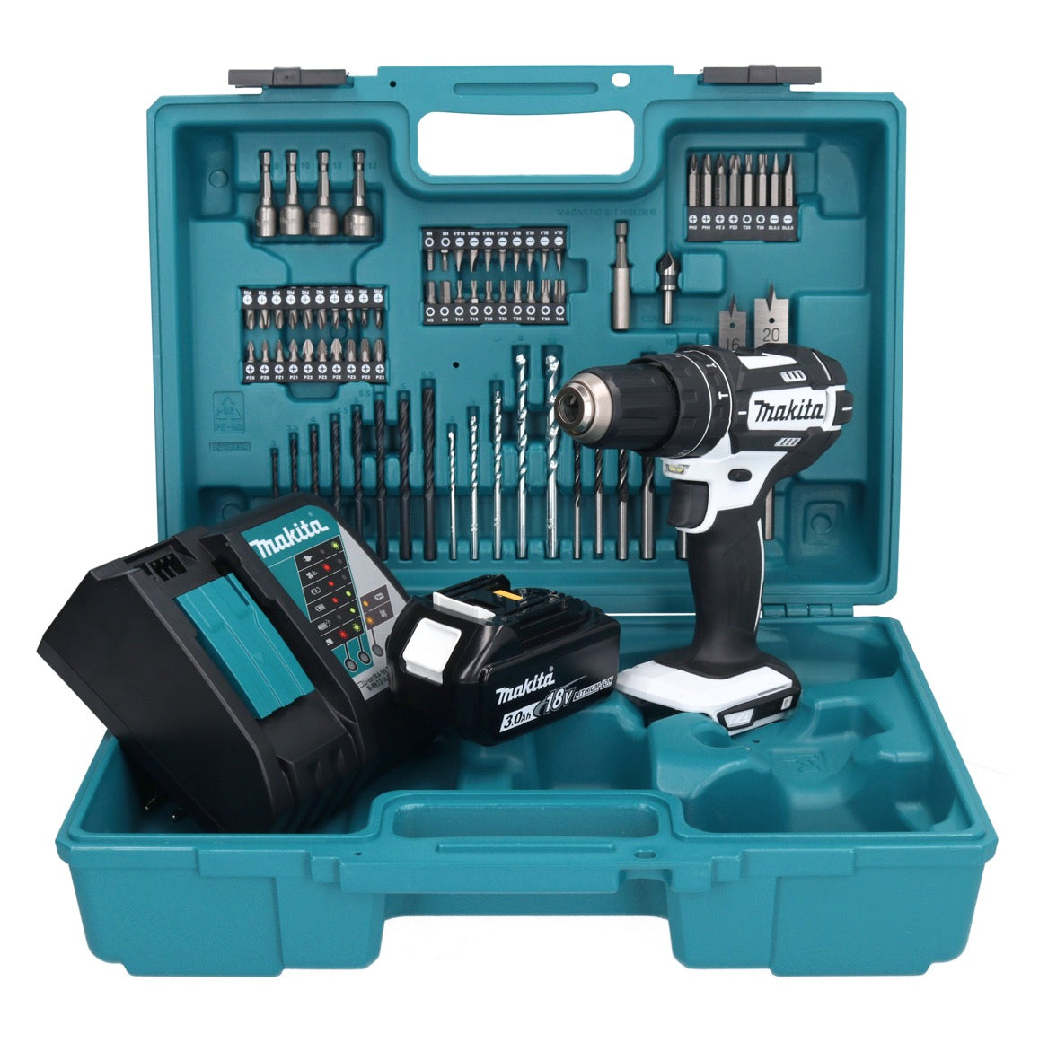 Makita DHP 482 RF1X1W Akku Schlagbohrschrauber 18 V 62 Nm + 1x Akku 3,0 Ah + Ladegerät + 74 tlg. Zubehörset + Koffer