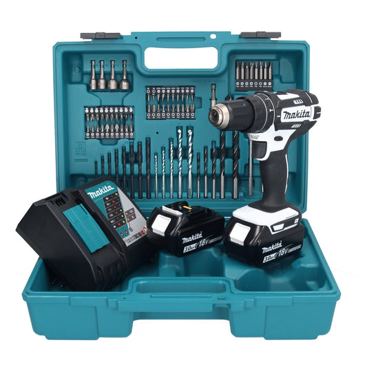 Makita DHP 482 RFX1W Akku Schlagbohrschrauber 18 V 62 Nm + 2x Akku 3,0 Ah + Ladegerät + 74 tlg. Zubehörset + Koffer