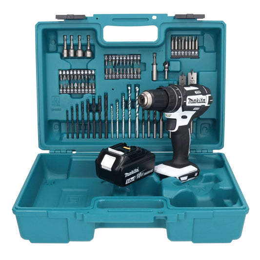 Makita DHP 482 T1X1W Akku Schlagbohrschrauber 18 V 62 Nm + 1x Akku 5,0 Ah + 74 tlg. Zubehörset + Koffer - ohne Ladegerät