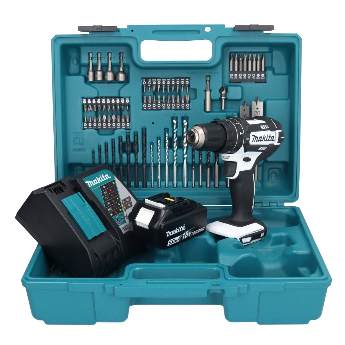 Makita DHP 482 RT1X1W perceuse à percussion sans fil 18 V 62 Nm + 1x batterie 5,0 Ah + chargeur + jeu d'accessoires 74 pièces + mallette