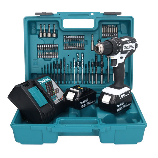 Makita DHP 482 RTX1W Akku Schlagbohrschrauber 18 V 62 Nm + 2x Akku 5,0 Ah + Ladegerät + 74 tlg. Zubehörset + Koffer