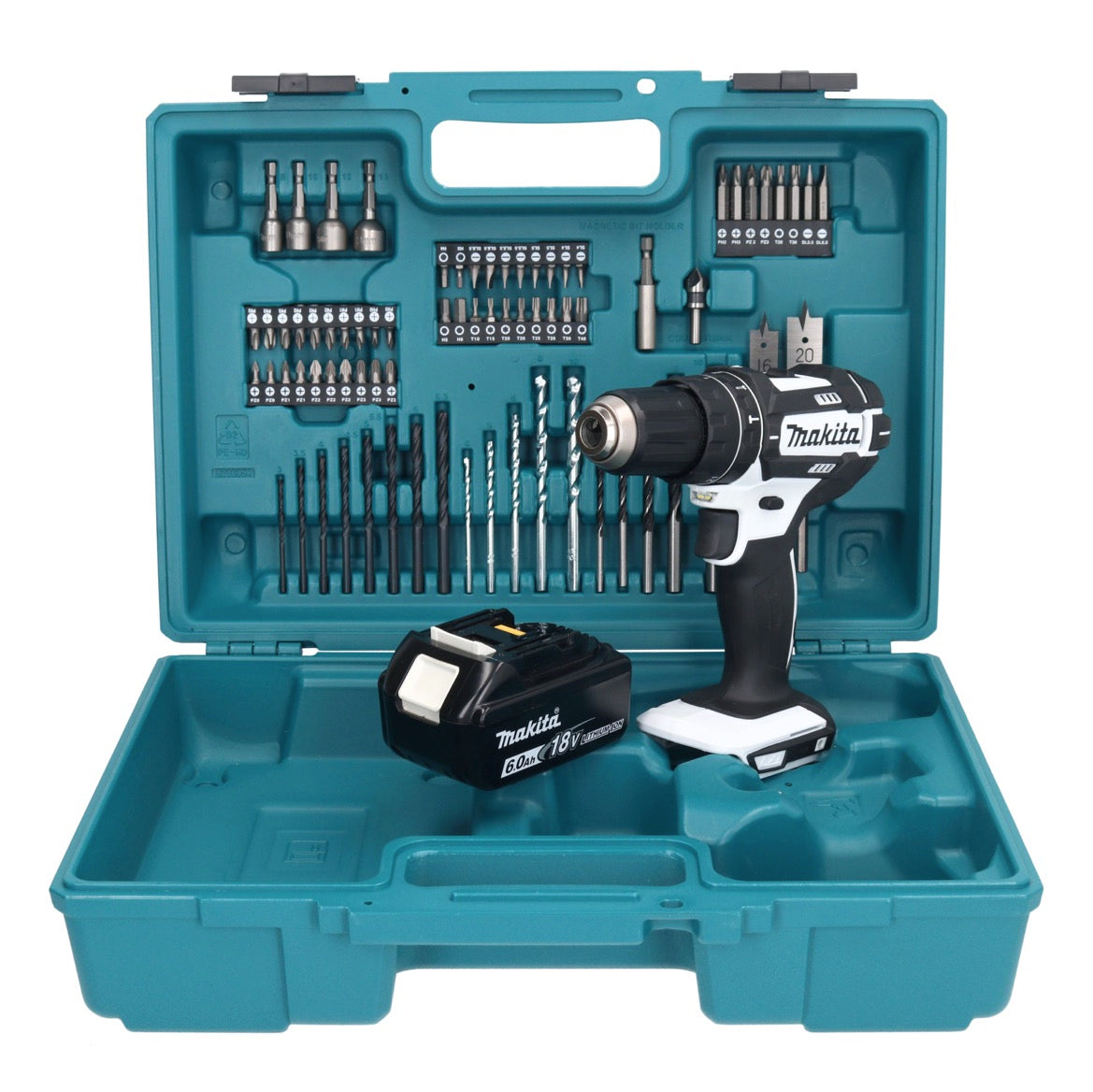 Makita DHP 482 G1X1W Akku Schlagbohrschrauber 18 V 62 Nm + 1x Akku 6,0 Ah + 74 tlg. Zubehörset + Koffer - ohne Ladegerät