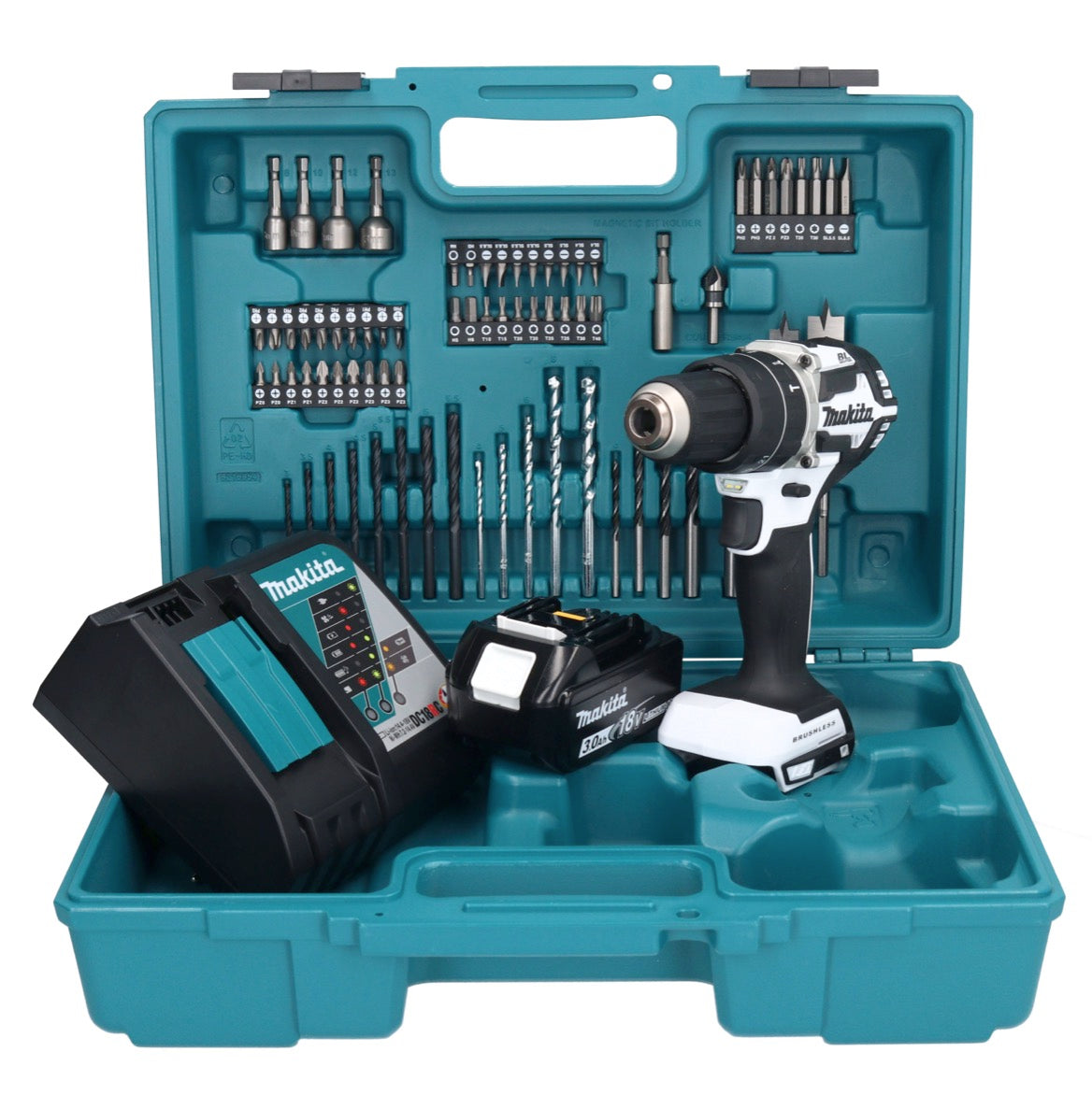 Makita DHP 484 RF1X1W Akku Schlagbohrschrauber 18 V 54 Nm Brushless Weiß + 1x Akku 3,0 Ah + Ladegerät + 74 tlg. Zubehörset + Koffer