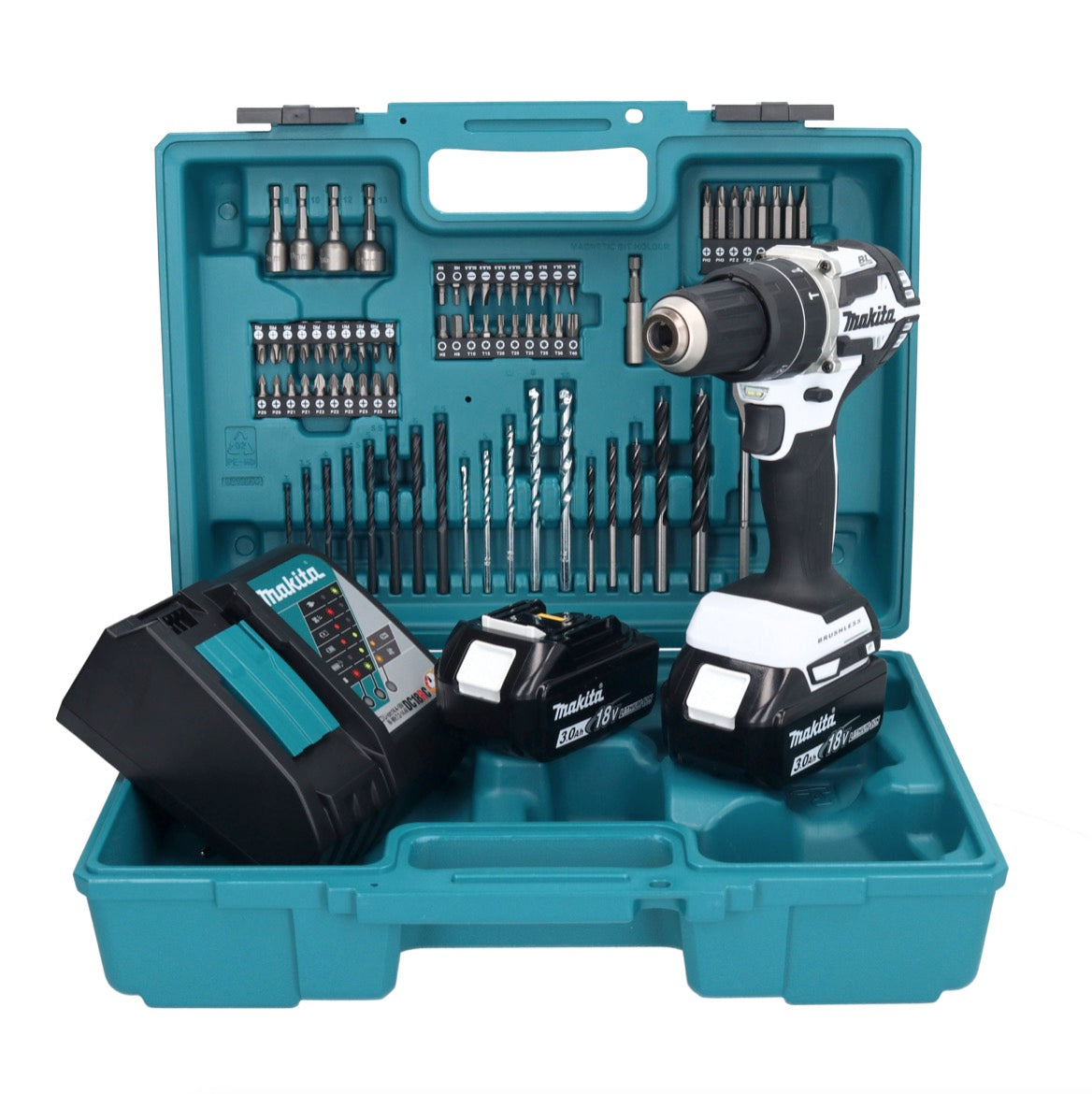 Makita DHP 484 RFX1W Akku Schlagbohrschrauber 18 V 54 Nm Brushless Weiß + 2x Akku 3,0 Ah + Ladegerät + 74 tlg. Zubehörset + Koffer