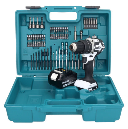 Makita DHP 484 T1X1W Akku Schlagbohrschrauber 18 V 54 Nm Brushless Weiß + 1x Akku 5,0 Ah + 74 tlg. Zubehörset + Koffer - ohne Ladegerät