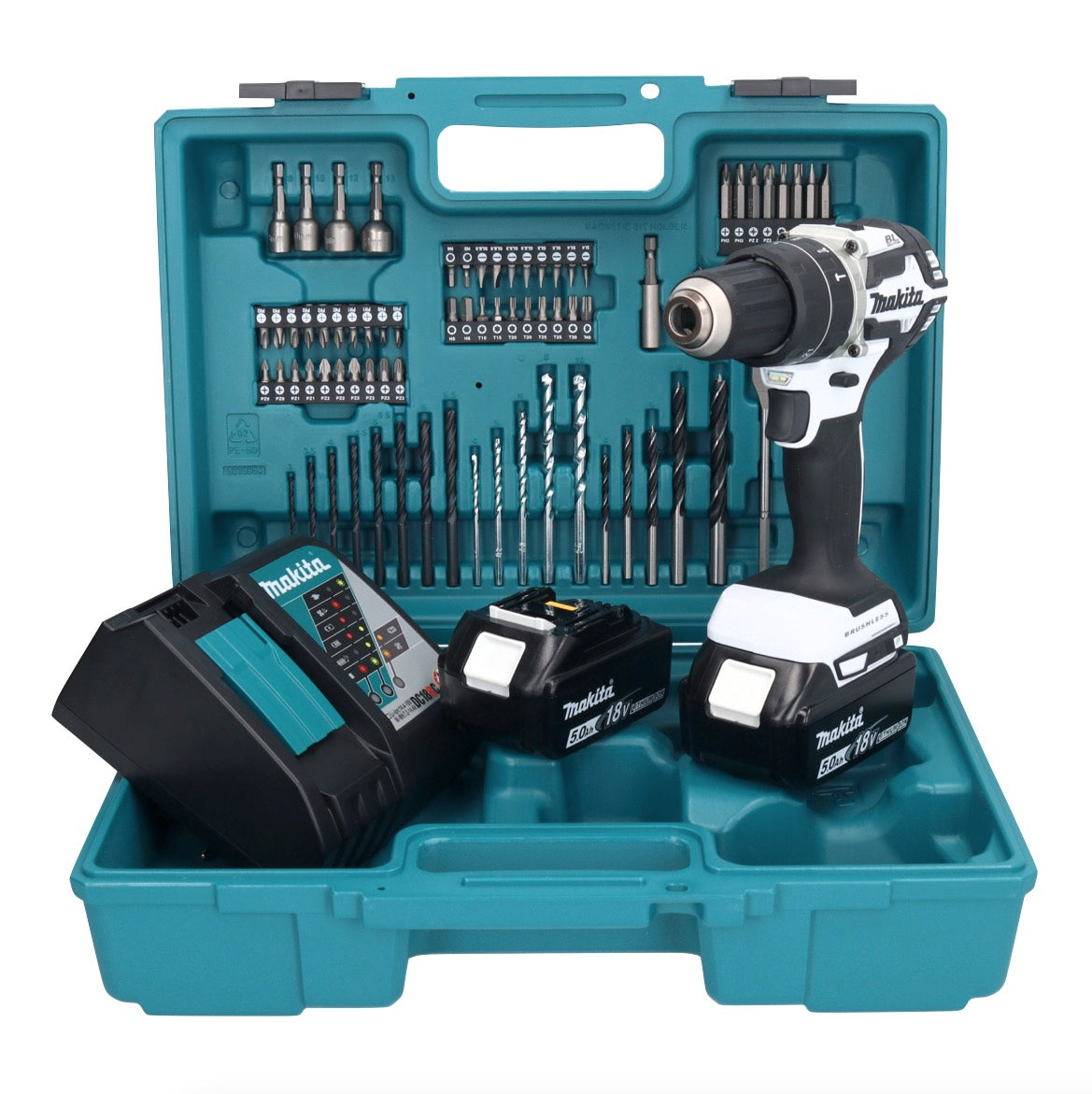 Makita DHP 484 RTX1W perceuse à percussion sans fil 18 V 54 Nm sans balais blanc + 2 batteries 5,0 Ah + chargeur + jeu d'accessoires 74 pièces + mallette