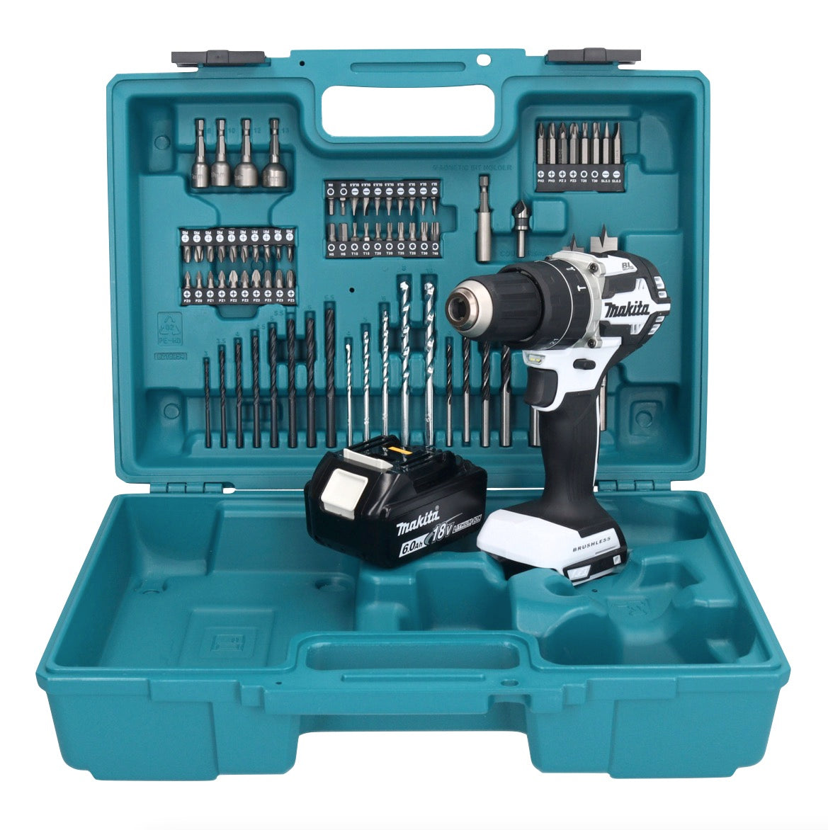 Makita DHP 484 G1X1W perceuse à percussion sans fil 18 V 54 Nm sans balais blanc + 1x batterie 6,0 Ah + jeu d'accessoires 74 pièces + mallette - sans chargeur