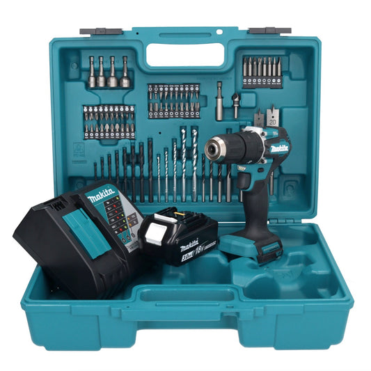 Makita DHP 487 RF1X1 perceuse à percussion sans fil 18 V 40 Nm sans balais + 1 batterie 3,0 Ah + chargeur + jeu d'accessoires 74 pièces + mallette