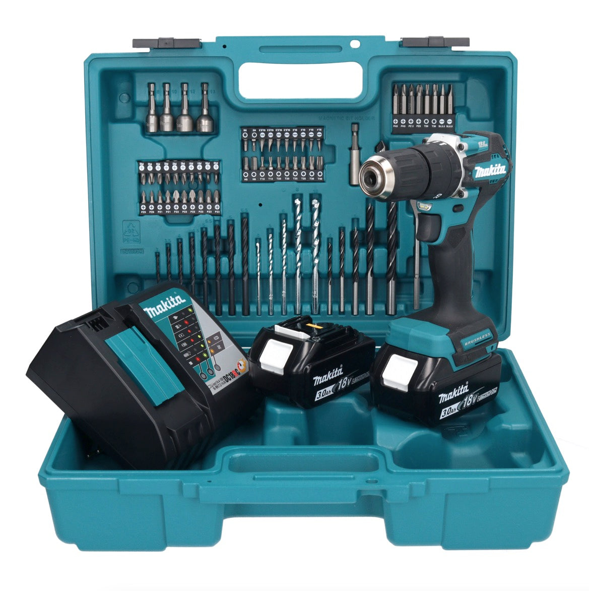 Makita DHP 487 RFX1 perceuse à percussion sans fil 18 V 40 Nm sans balais + 2 batteries 3,0 Ah + chargeur + jeu d'accessoires 74 pièces + mallette