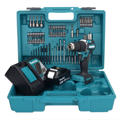 Makita DHP 487 RT1X1 perceuse à percussion sans fil 18 V 40 Nm sans balais + 1 batterie 5,0 Ah + chargeur + jeu d'accessoires 74 pièces + mallette