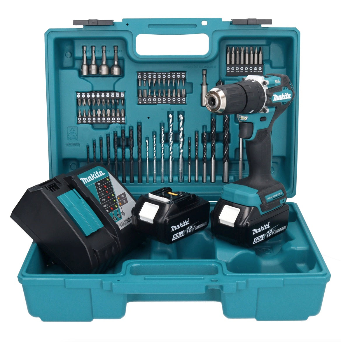 Makita DHP 487 RTX1 perceuse à percussion sans fil 18 V 40 Nm sans balais + 2 batteries 5,0 Ah + chargeur + jeu d'accessoires 74 pièces + mallette