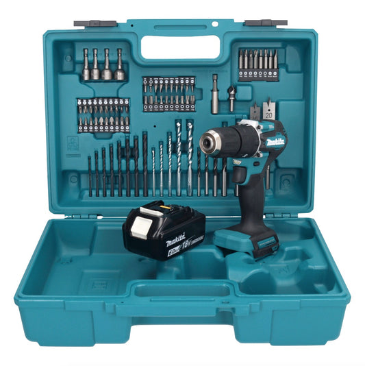 Makita DHP 487 G1X1 Akku Schlagbohrschrauber 18 V 40 Nm Brushless + 1x Akku 6,0 Ah + 74 tlg. Zubehörset + Koffer - ohne Ladegerät