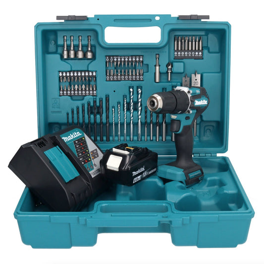 Makita DHP 487 RG1X1 Akku Schlagbohrschrauber 18 V 40 Nm Brushless + 1x Akku 6,0 Ah + Ladegerät + 74 tlg. Zubehörset + Koffer