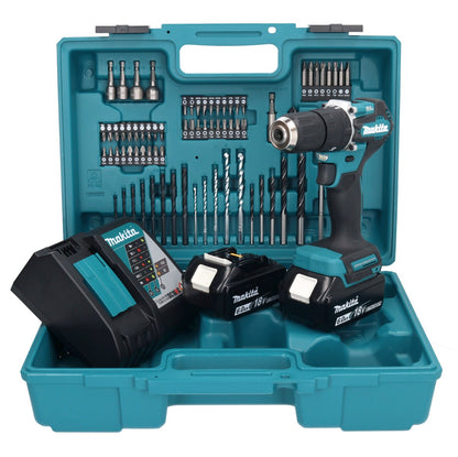 Makita DHP 487 RGX1 perceuse à percussion sans fil 18 V 40 Nm sans balais + 2 batteries 6,0 Ah + chargeur + jeu d'accessoires 74 pièces + mallette