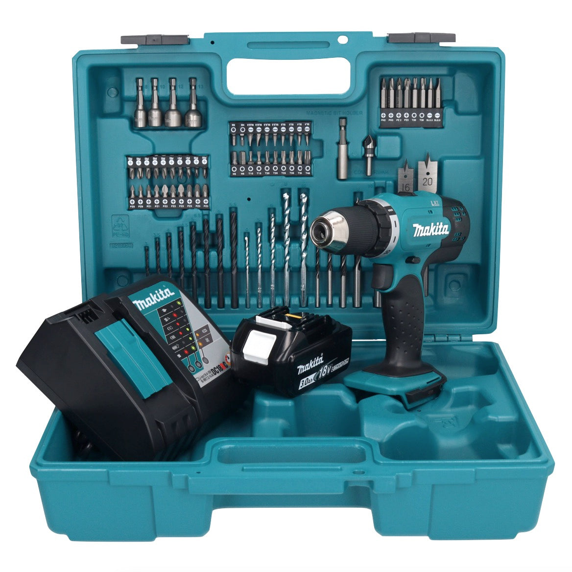 Makita DDF 453 RF1X1 Akku Bohrschrauber 18 V 42 Nm + 1x Akku 3,0 Ah + Ladegerät + 74 tlg. Zubehörset + Koffer