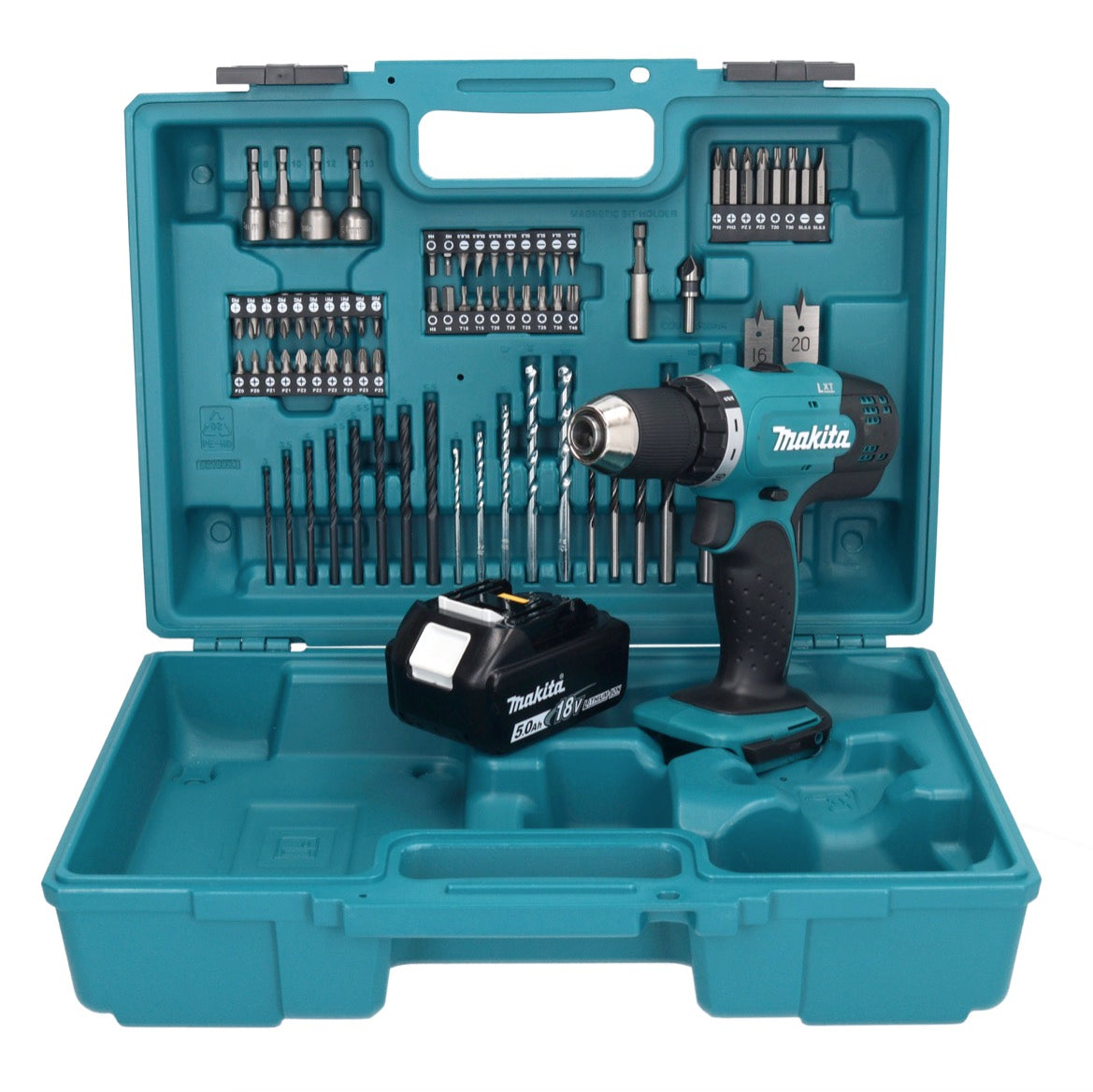 Makita DDF 453 T1X1 perceuse-visseuse sans fil 18 V 42 Nm + 1x batterie 5,0 Ah + jeu d'accessoires 74 pièces + mallette - sans chargeur