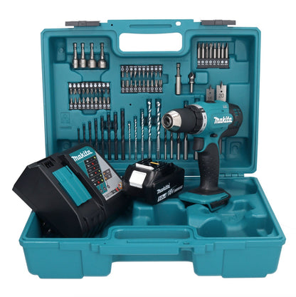 Makita DDF 453 RT1X1 Akku Bohrschrauber 18 V 42 Nm + 1x Akku 5,0 Ah + Ladegerät + 74 tlg. Zubehörset + Koffer