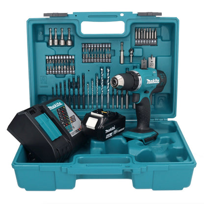 Makita DDF 453 RG1X1 perceuse-visseuse sans fil 18 V 42 Nm + 1x batterie 6,0 Ah + chargeur + jeu d'accessoires 74 pièces + mallette