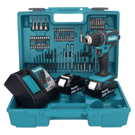 Makita DDF 482 RTX1 perceuse-visseuse sans fil 18 V 62 Nm + 2x batteries 5,0 Ah + chargeur + jeu d'accessoires 74 pièces + mallette