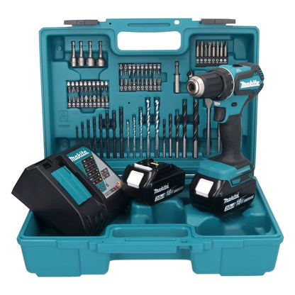 Makita DDF 485 RFX1 perceuse-visseuse sans fil 18 V 50 Nm sans balais + 2 batteries 3,0 Ah + chargeur + jeu d'accessoires 74 pièces + mallette