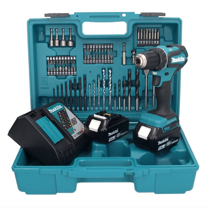 Makita DDF 485 RTX1 perceuse-visseuse sans fil 18 V 50 Nm sans balais + 2 batteries 5,0 Ah + chargeur + jeu d'accessoires 74 pièces + mallette