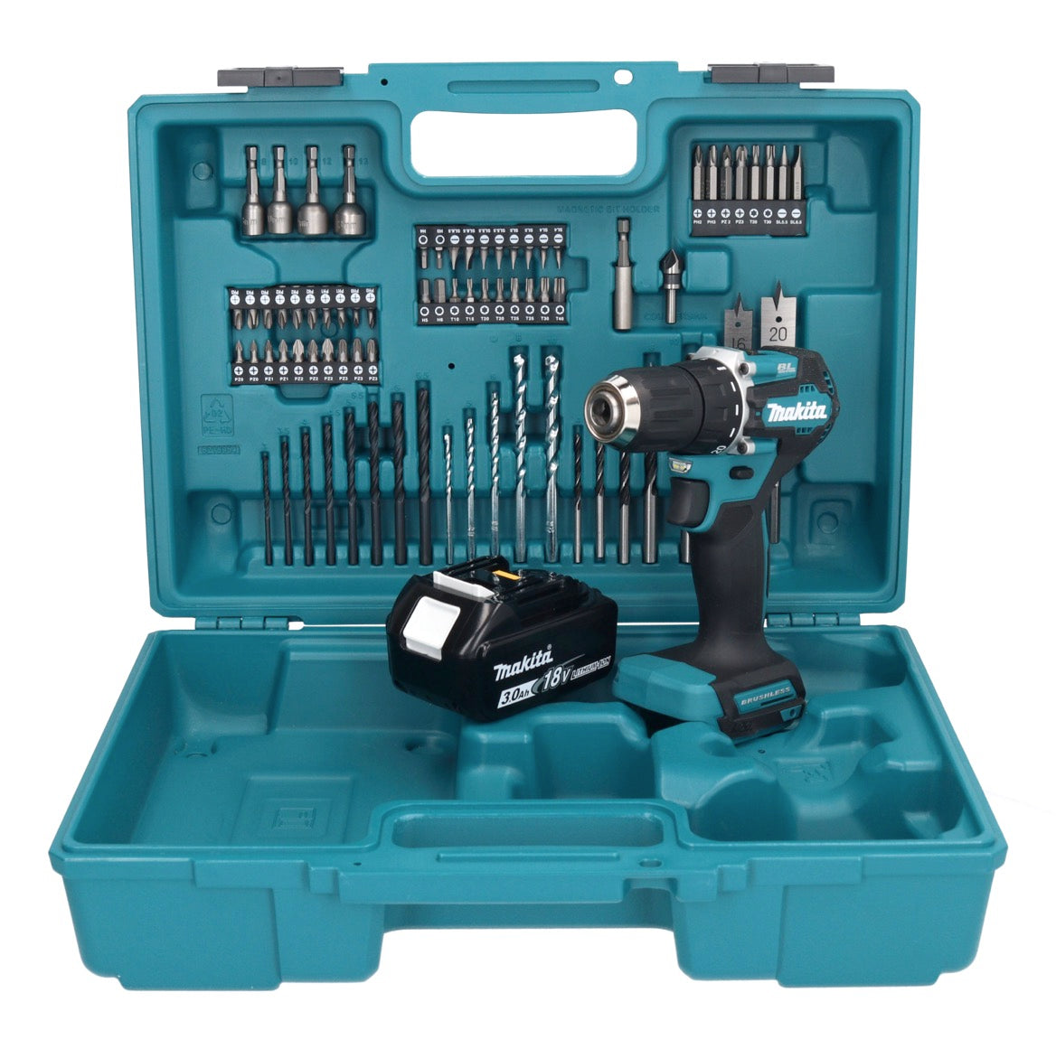 Makita DDF 487 F1X1 perceuse-visseuse sans fil 18 V 40 Nm sans balais + 1x batterie 3,0 Ah + jeu d'accessoires 74 pièces + mallette - sans chargeur