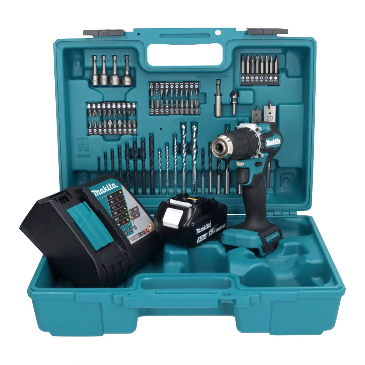 Makita DDF 487 RF1X1 perceuse-visseuse sans fil 18 V 40 Nm sans balais + 1 batterie 3,0 Ah + chargeur + jeu d'accessoires 74 pièces + mallette