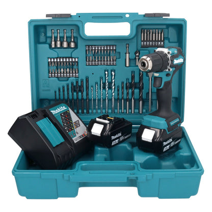 Makita DDF 487 RFX1 perceuse-visseuse sans fil 18 V 40 Nm sans balais + 2 batteries 3,0 Ah + chargeur + jeu d'accessoires 74 pièces + mallette