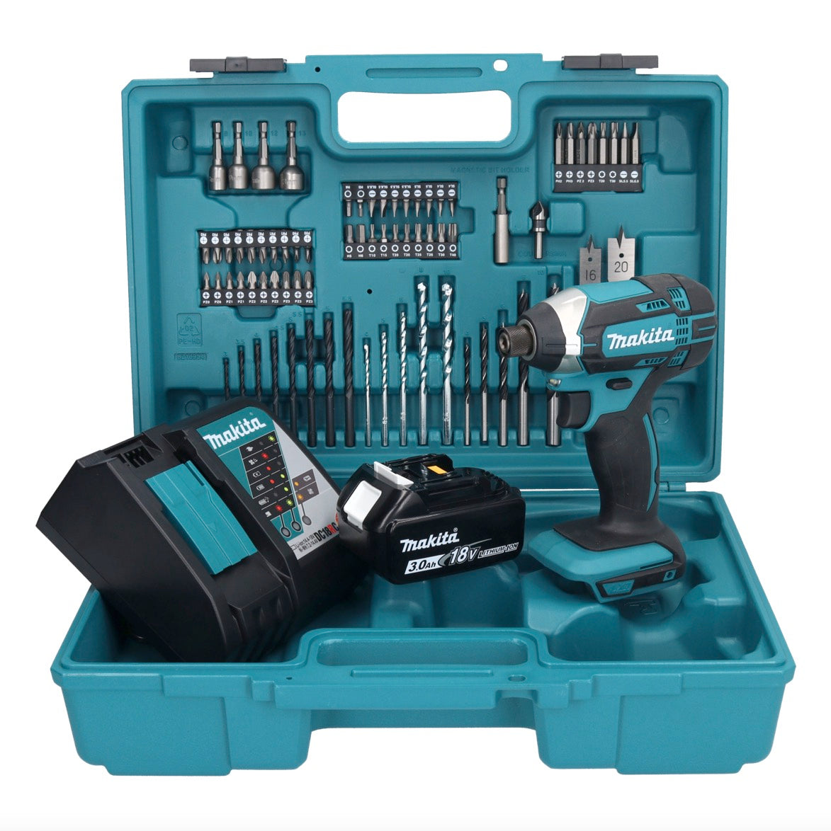 Makita DTD 152 RF1X1 Akku Schlagschrauber 18 V 165 Nm 1/4" + 1x Akku 3,0 Ah + Ladegerät + 74 tlg. Zubehörset + Koffer