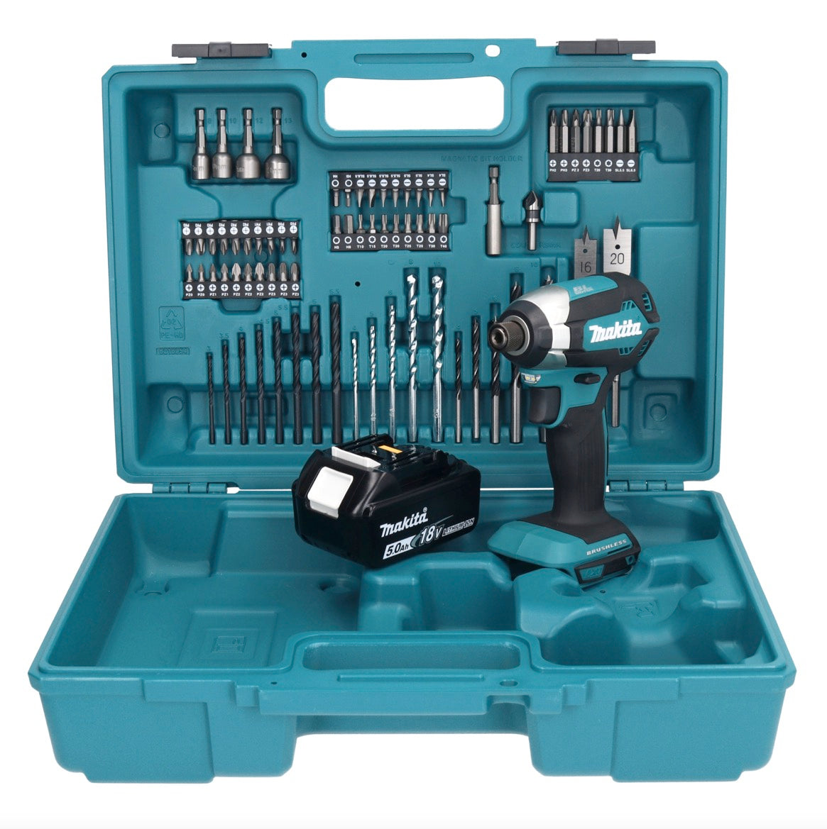 Makita DTD 153 T1X1 clé à chocs sans fil 18 V 170 Nm 1/4" sans balais + 1x batterie 5,0 Ah + jeu d'accessoires 74 pièces + mallette - sans chargeur