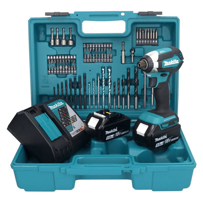 Makita DTD 153 RTX1 clé à chocs sans fil 18 V 170 Nm 1/4" sans balais + 2 batteries 5,0 Ah + chargeur + jeu d'accessoires 74 pièces + mallette