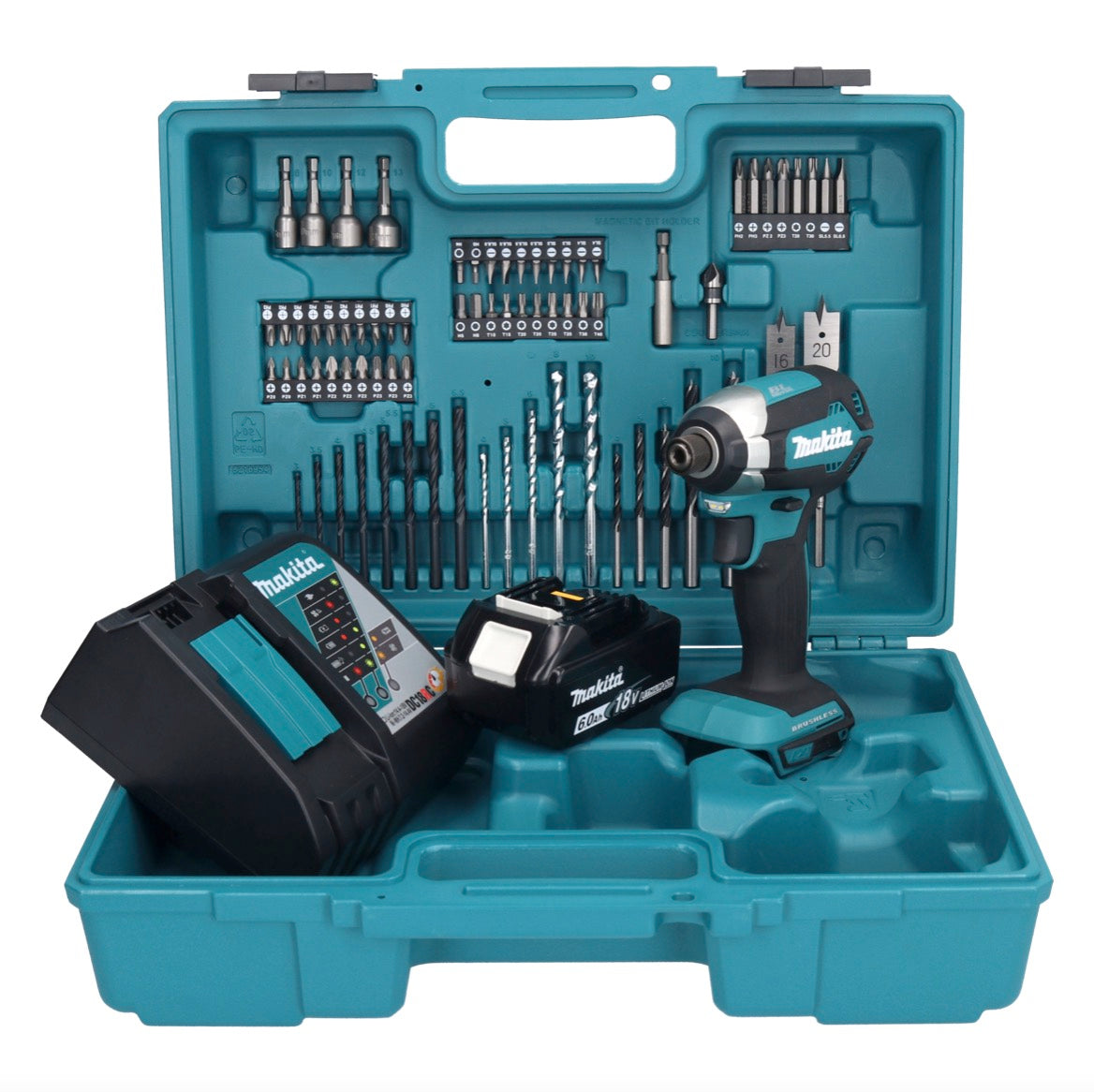 Makita DTD 153 RG1X1 Akku Schlagschrauber 18 V 170 Nm 1/4" Brushless + 1x Akku 6,0 Ah + Ladegerät + 74 tlg. Zubehörset + Koffer