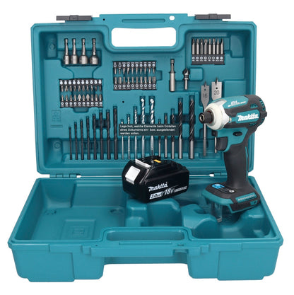 Makita DTD 171 F1X1 clé à chocs sans fil 18 V 180 Nm 1/4" sans balais + 1x batterie 3,0 Ah + jeu d'accessoires 74 pièces + mallette - sans chargeur