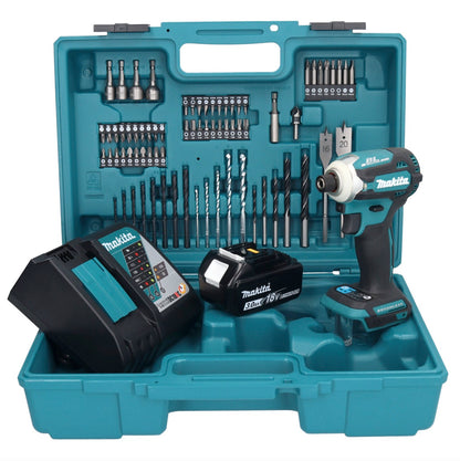 Makita DTD 171 RF1X1 clé à chocs sans fil 18 V 180 Nm 1/4" sans balais + 1 batterie 3,0 Ah + chargeur + jeu d'accessoires 74 pièces + mallette