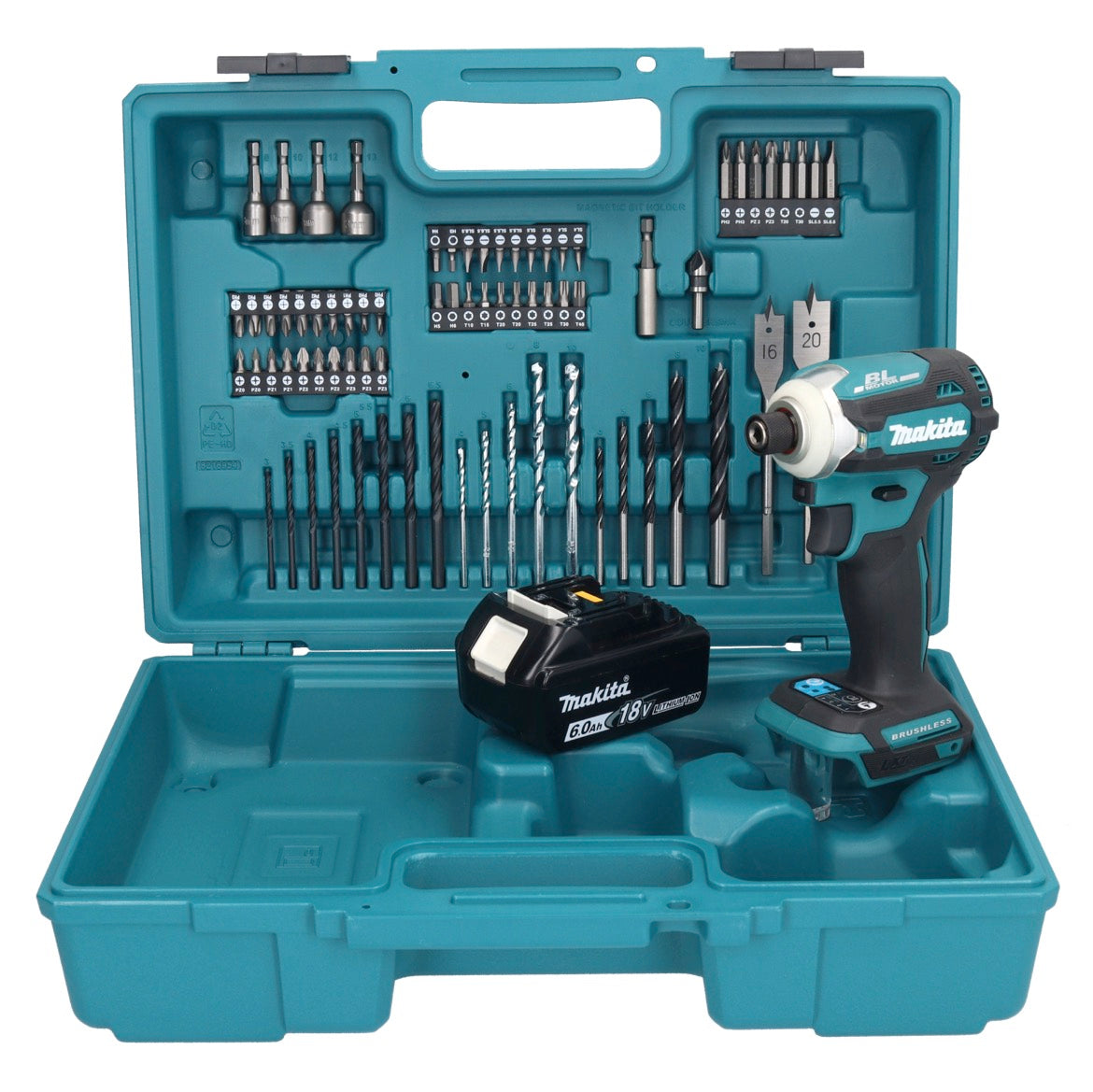 Makita DTD 171 G1X1 clé à chocs sans fil 18 V 180 Nm 1/4" sans balais + 1x batterie 6,0 Ah + jeu d'accessoires 74 pièces + mallette - sans chargeur