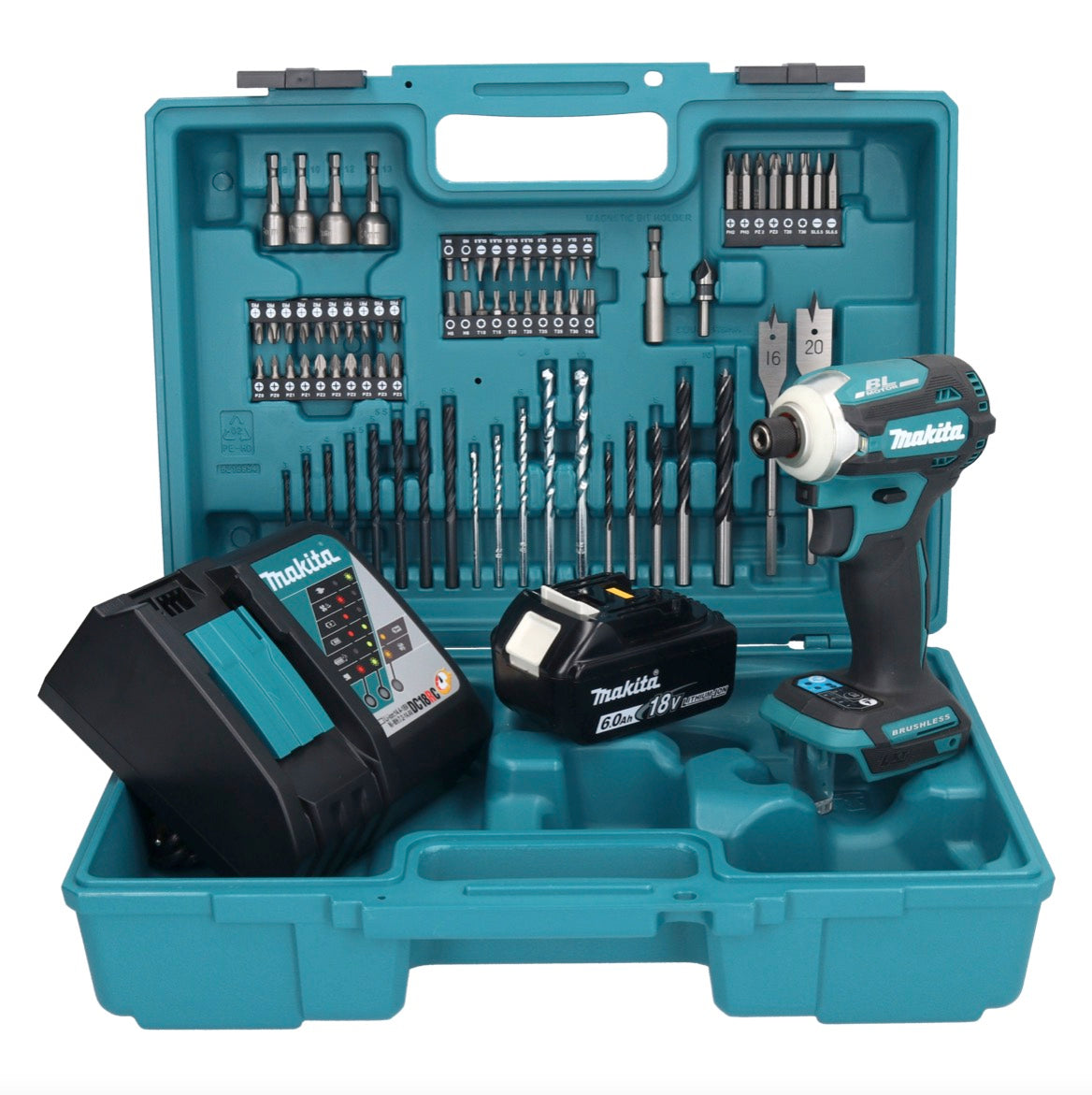 Makita DTD 171 RG1X1 Akku Schlagschrauber 18 V 180 Nm 1/4" Brushless + 1x Akku 6,0 Ah + Ladegerät + 74 tlg. Zubehörset + Koffer