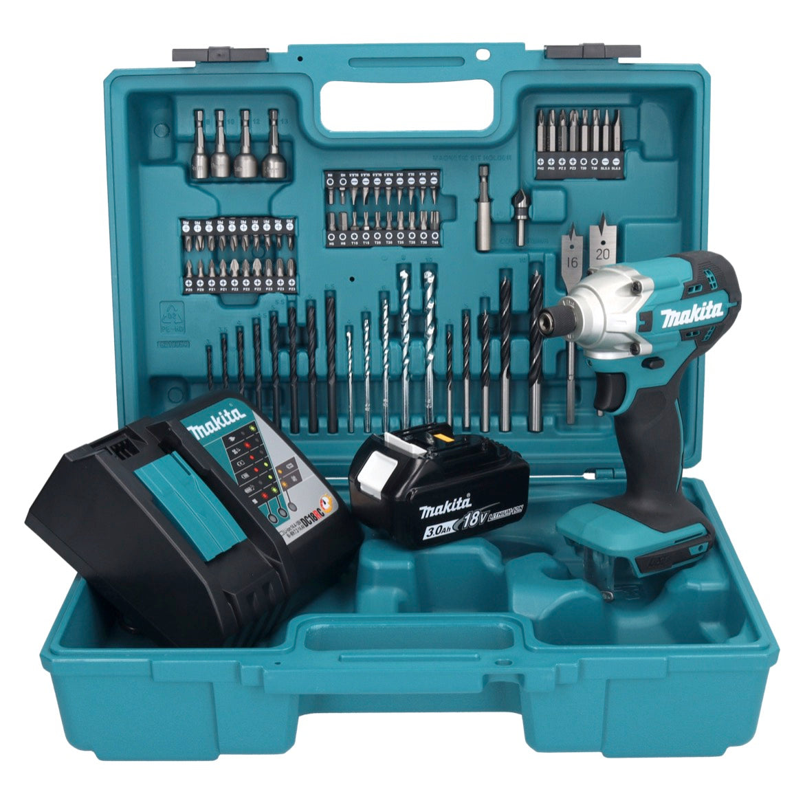 Makita DTD 156 RF1X1 Akku Schlagschrauber 18 V 155 Nm 1/4" + 1x Akku 3,0 Ah + Ladegerät + 74 tlg. Zubehörset + Koffer